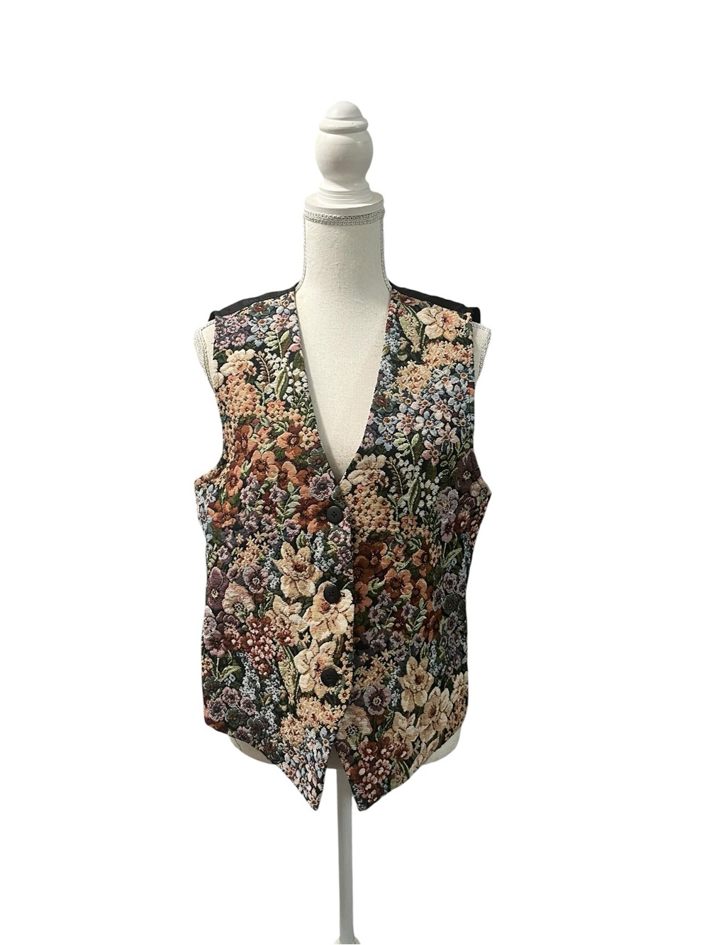 Cabin Creek Colorful Floral Botanical Tapestry Vest Medium Black Back w/Tie